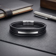 Men’s Black Leather Bracelet – Silver Accent — image 1