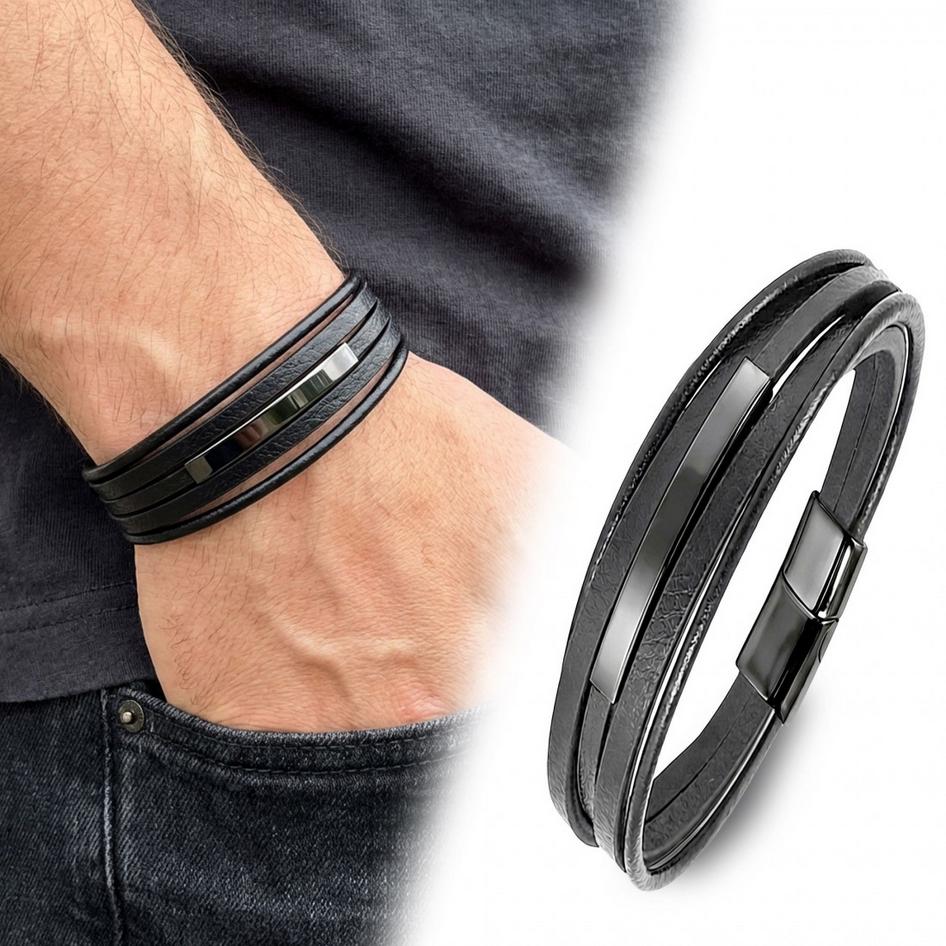 Men’s Black Leather Bracelet – Silver Accent — image 6