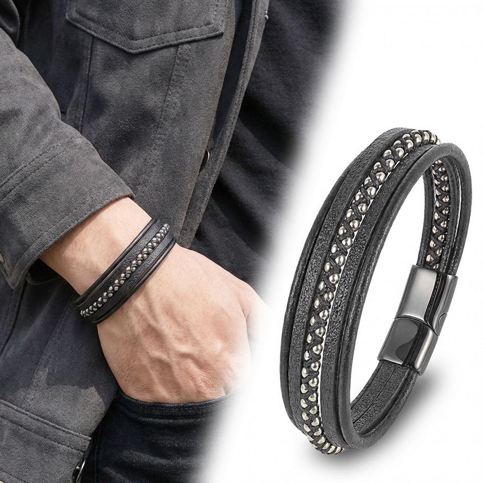 Black Leather Bracelet – Gold Stitching — image 6