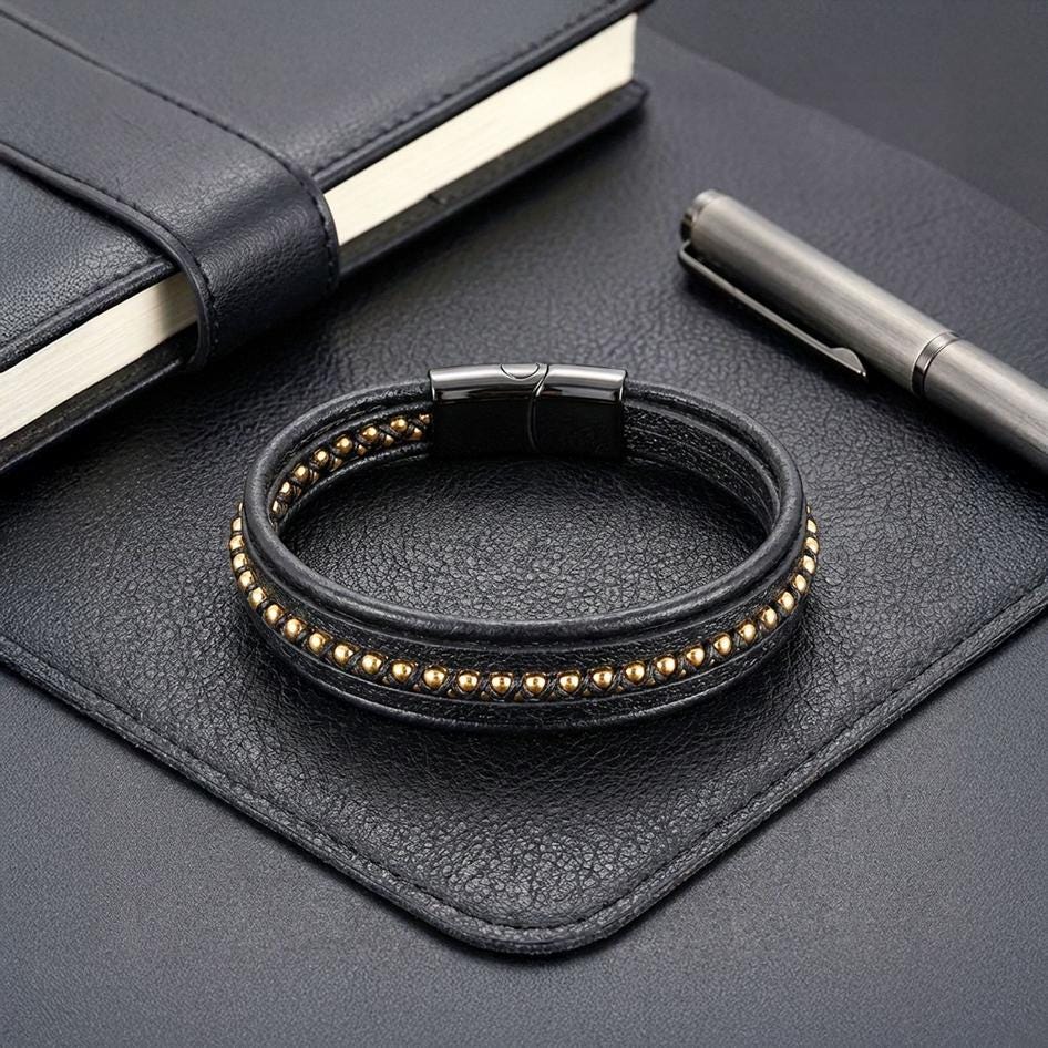 Black Leather Bracelet – Gold Stitching — image 3