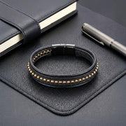Black Leather Bracelet – Gold Stitching — image 3