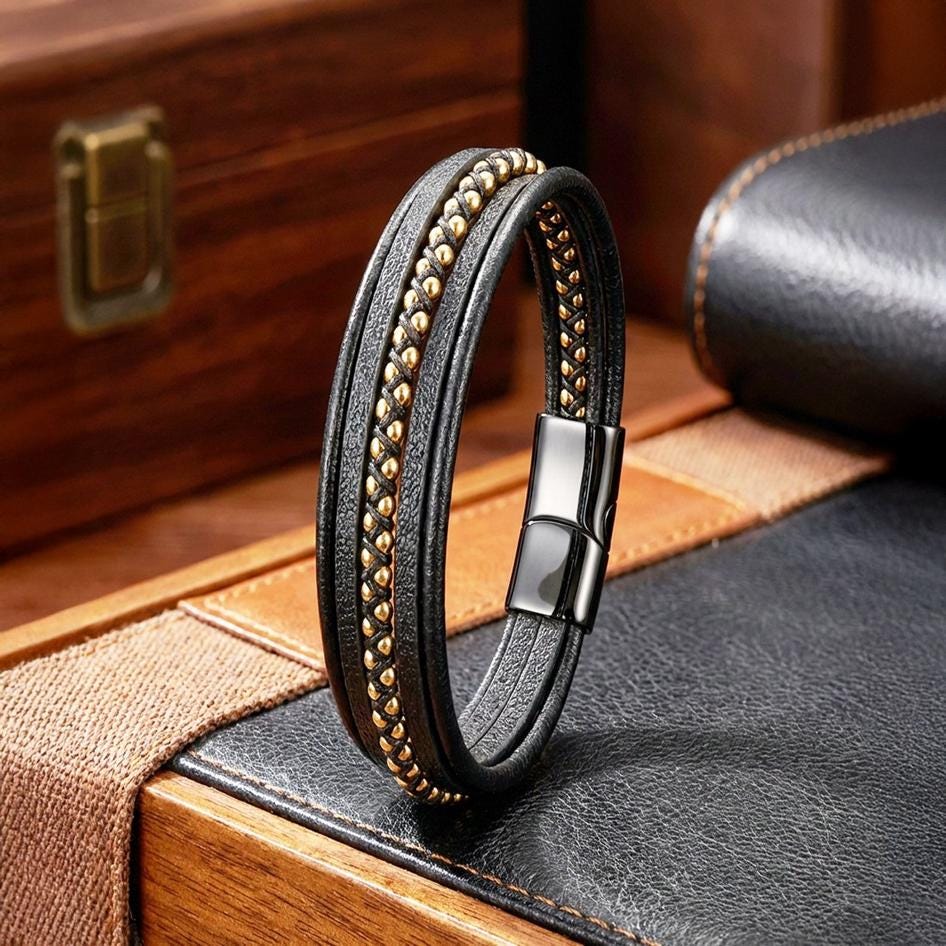 Black Leather Bracelet – Gold Stitching — image 1