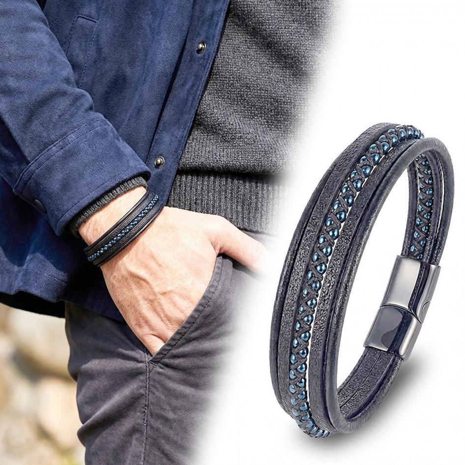 Black Leather Bracelet – Gold Stitching — image 7