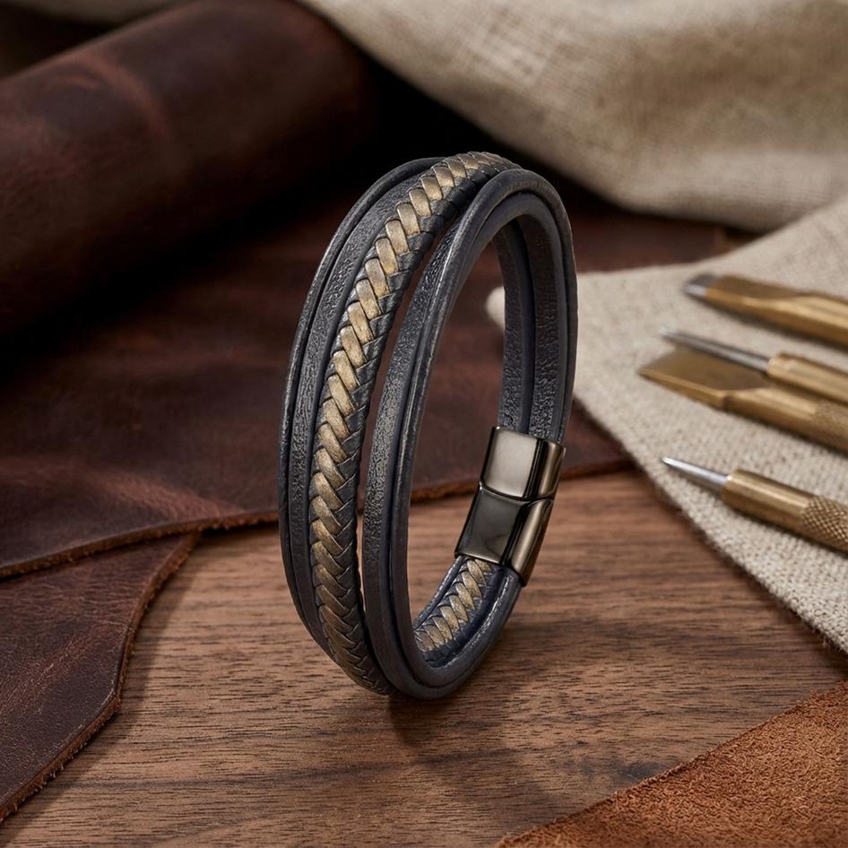 Black, Brown & Gold Leather Bracelet — image 2