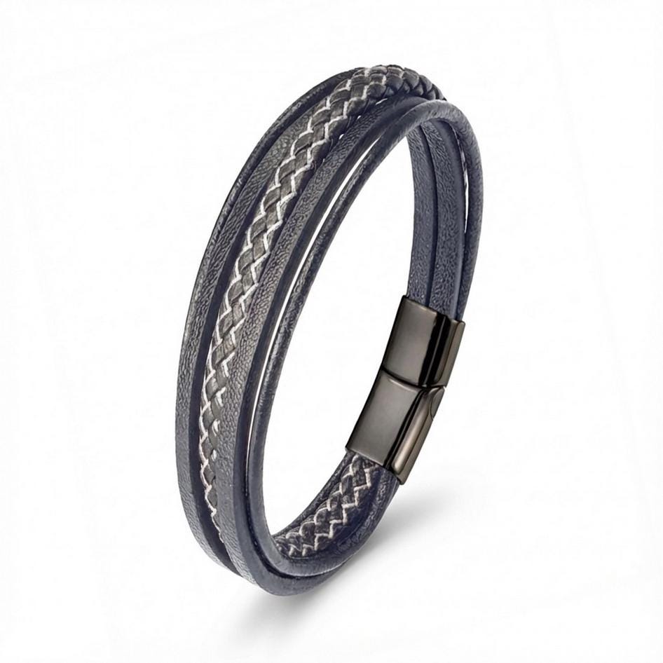 Black Leather Bracelet – White Stitching — image 4
