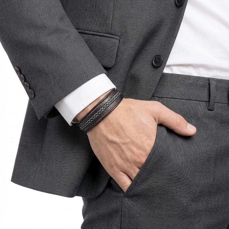 Black Leather Bracelet – White Stitching — image 1