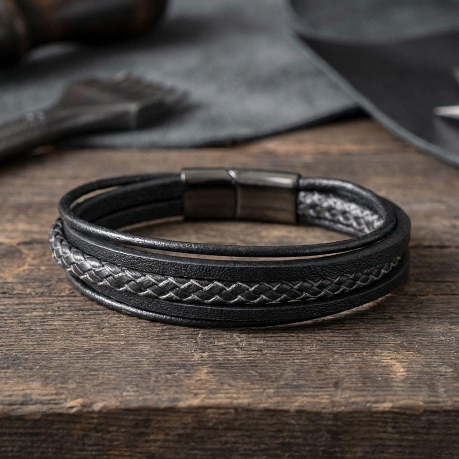 Black Leather Bracelet – White Stitching — image 2