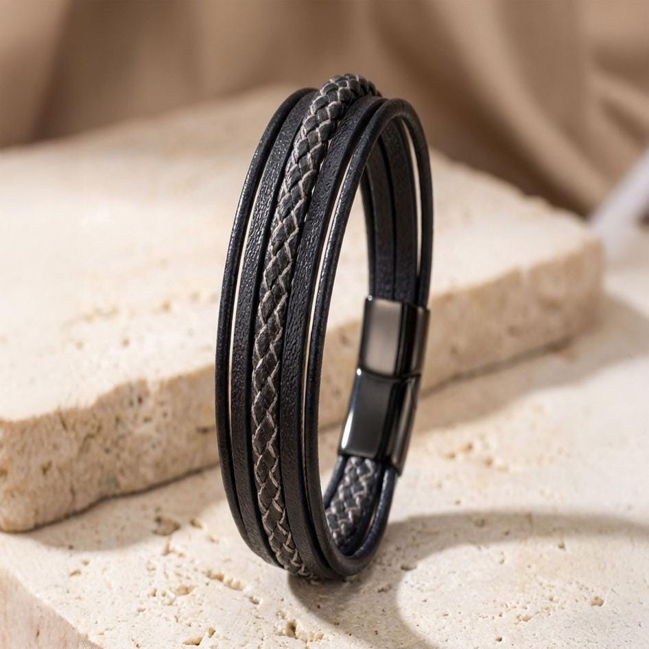Black Leather Bracelet – White Stitching — image 5