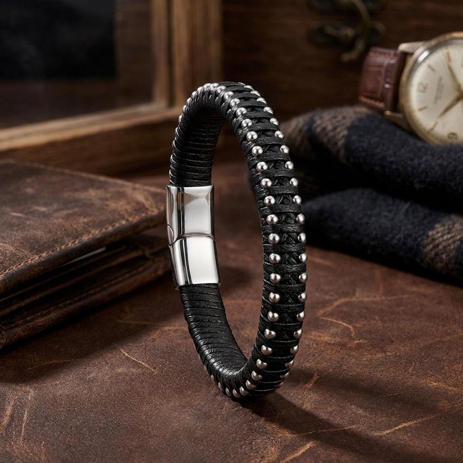 Leather Bracelet with Silver Disc Accents — image 6
