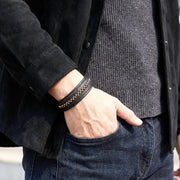 Black Leather Bracelet – Gold Stitching — image 4
