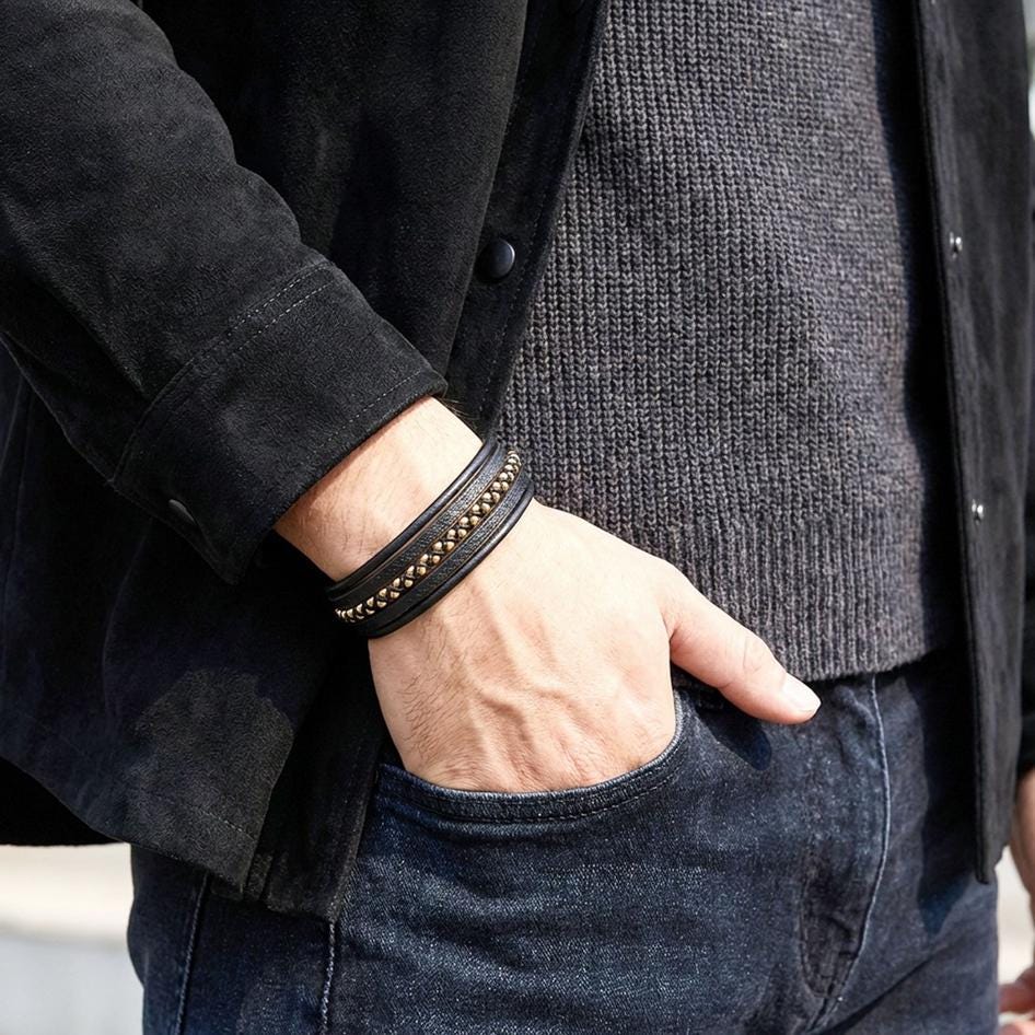 Black Leather Bracelet – Gold Stitching — image 4