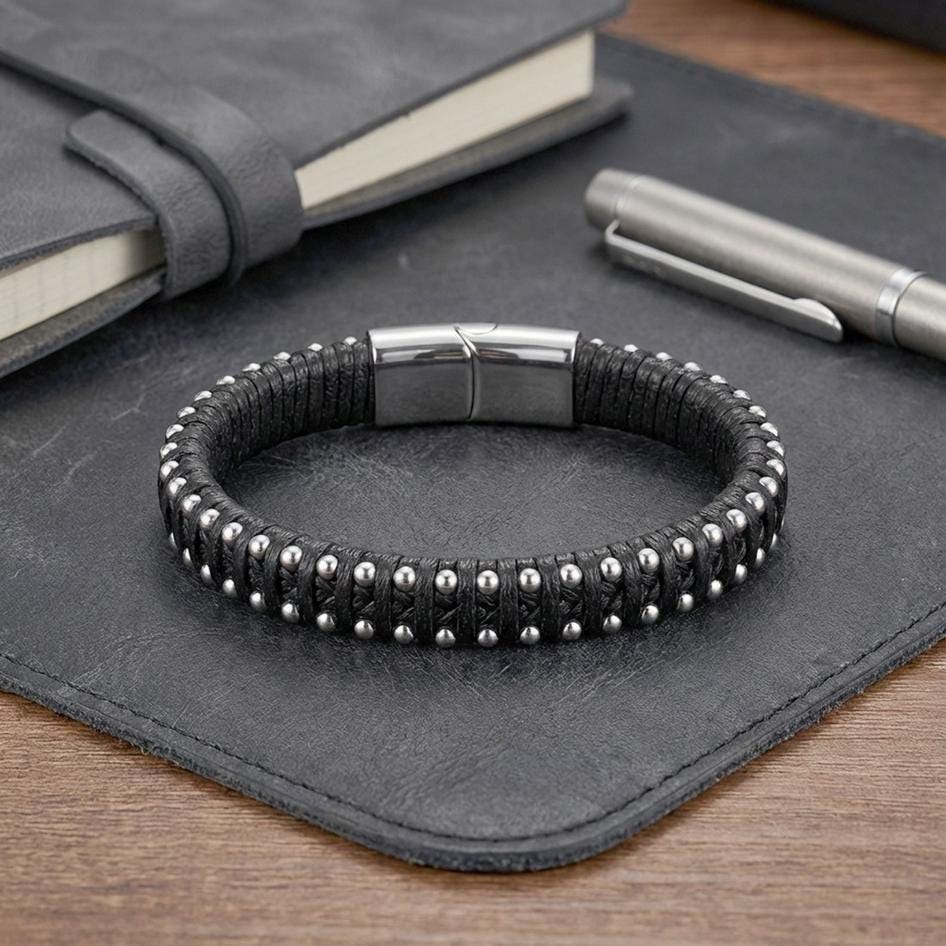 Leather Bracelet with Silver Disc Accents — image 2