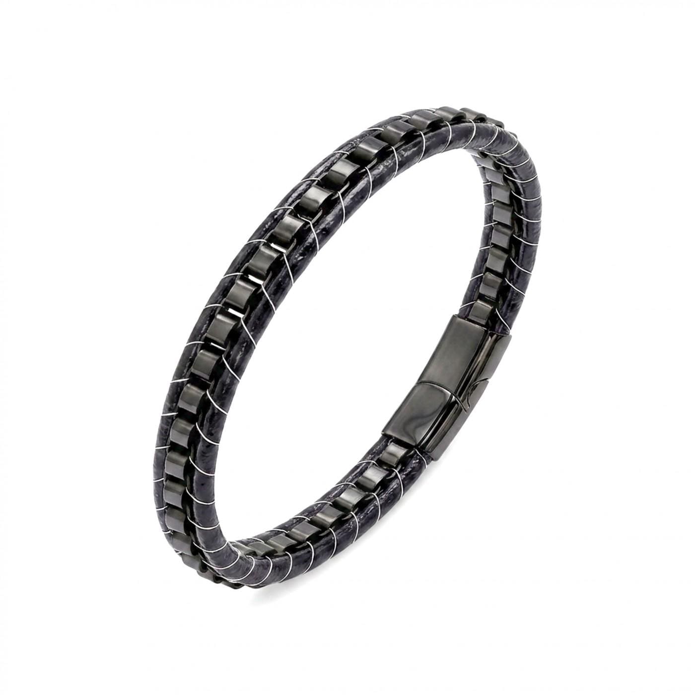 Hematite Black Leather Bracelet – Silver Stitching — image 5