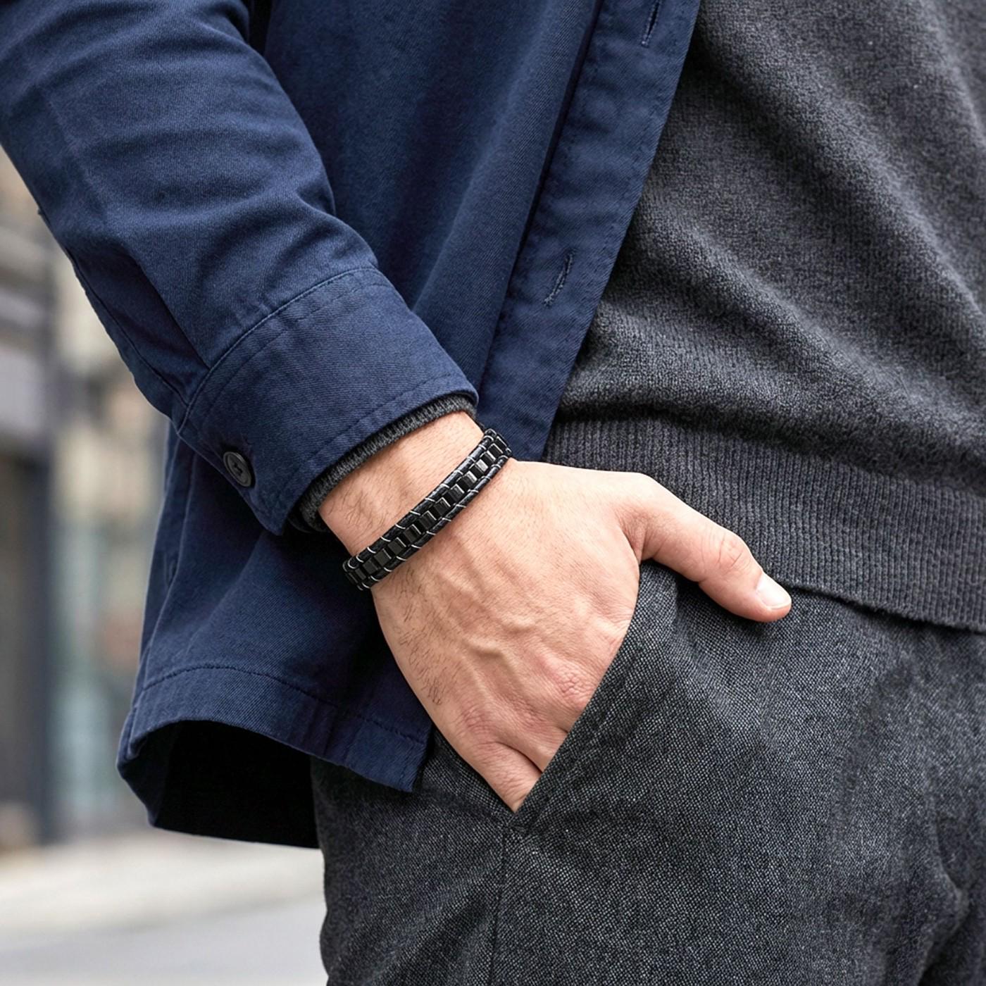 Hematite Black Leather Bracelet – Silver Stitching — image 3