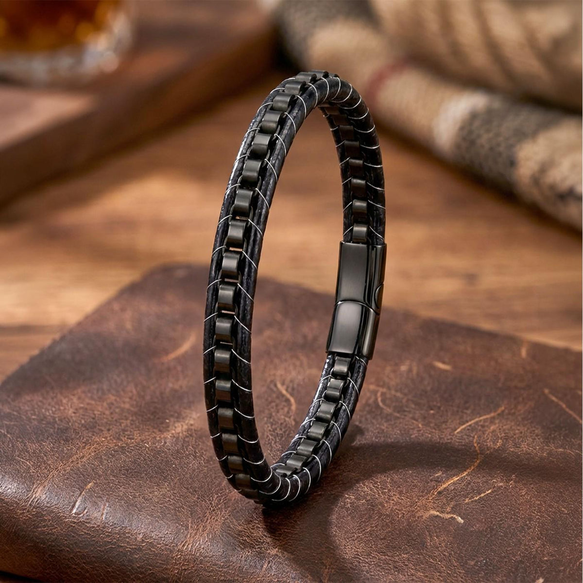 Hematite Black Leather Bracelet – Silver Stitching — image 4