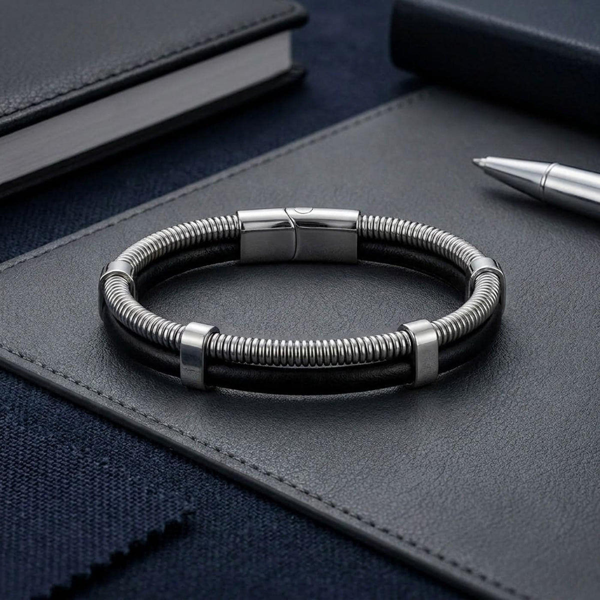 Spiral Silver & Black Leather Bracelet — image 4
