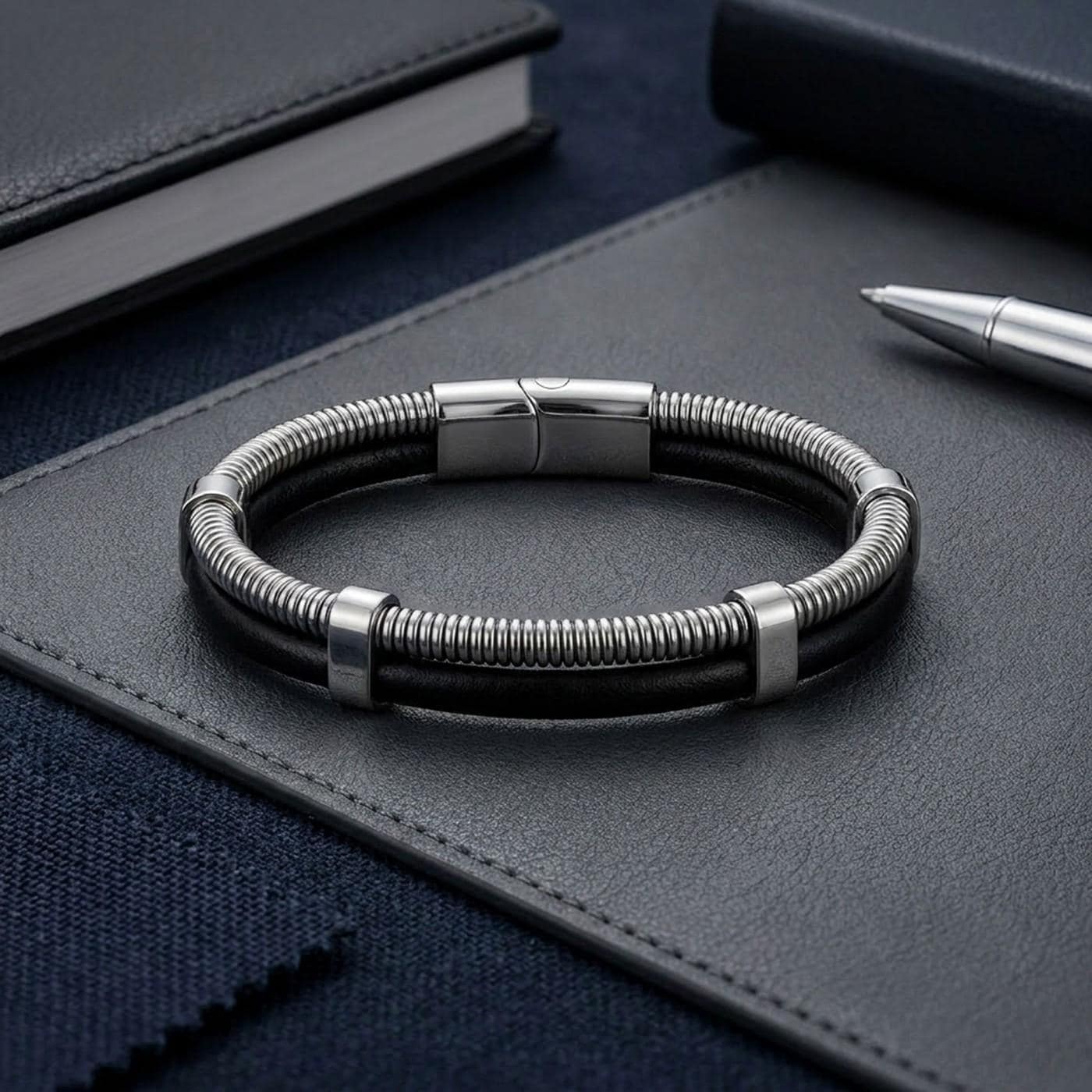 Spiral Silver & Black Leather Bracelet — image 4