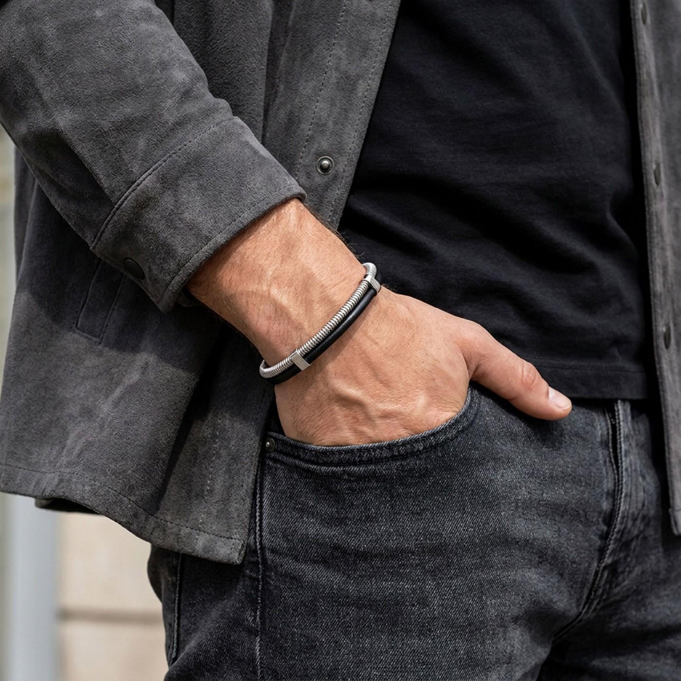 Spiral Silver & Black Leather Bracelet — image 3