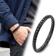 Hematite Black Leather Bracelet – Silver Stitching — image 2