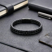 Hematite Black Leather Bracelet – Silver Stitching — image 6