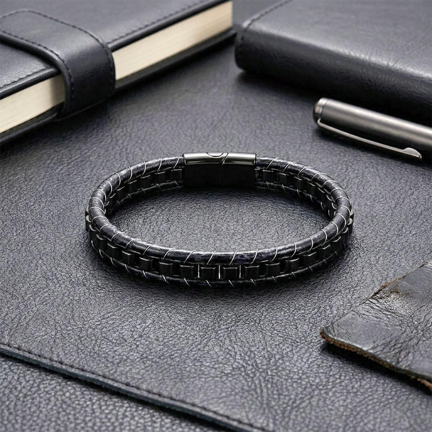 Hematite Black Leather Bracelet – Silver Stitching — image 6