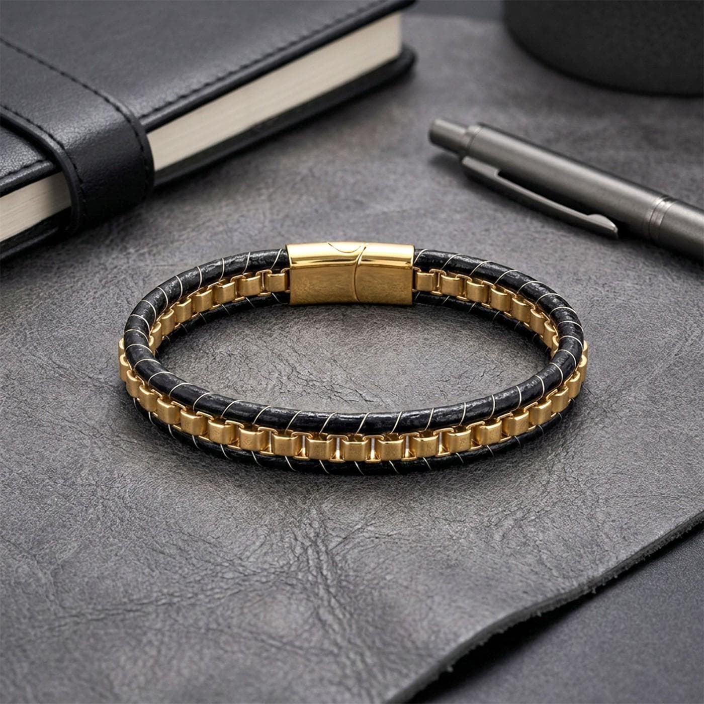 Hematite Gold Leather Bracelet — image 1