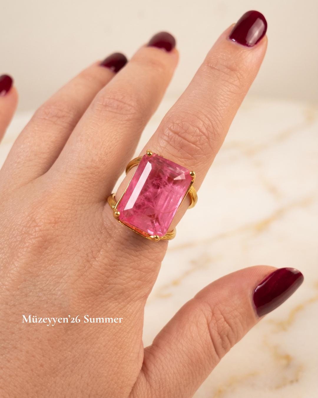Pink Emerald-Cut Crystal Gold Ring — image 5