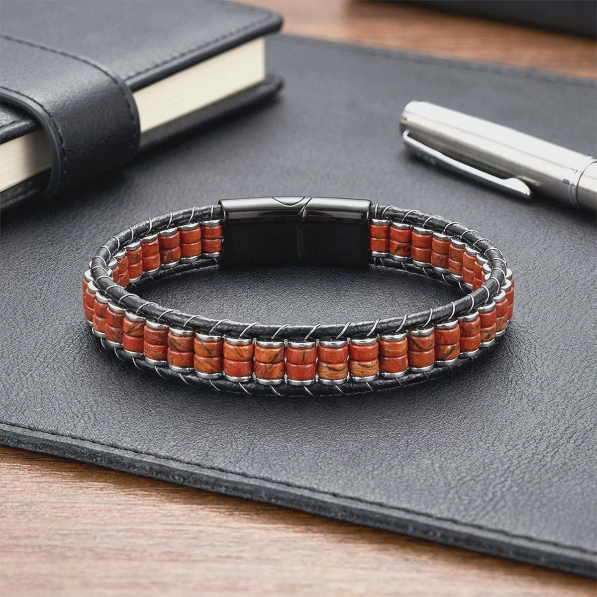 Red Jasper & Hematite Leather Bracelet — image 1