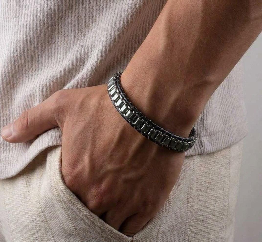 Hematite Black Leather Bracelet – Silver Stitching — image 1