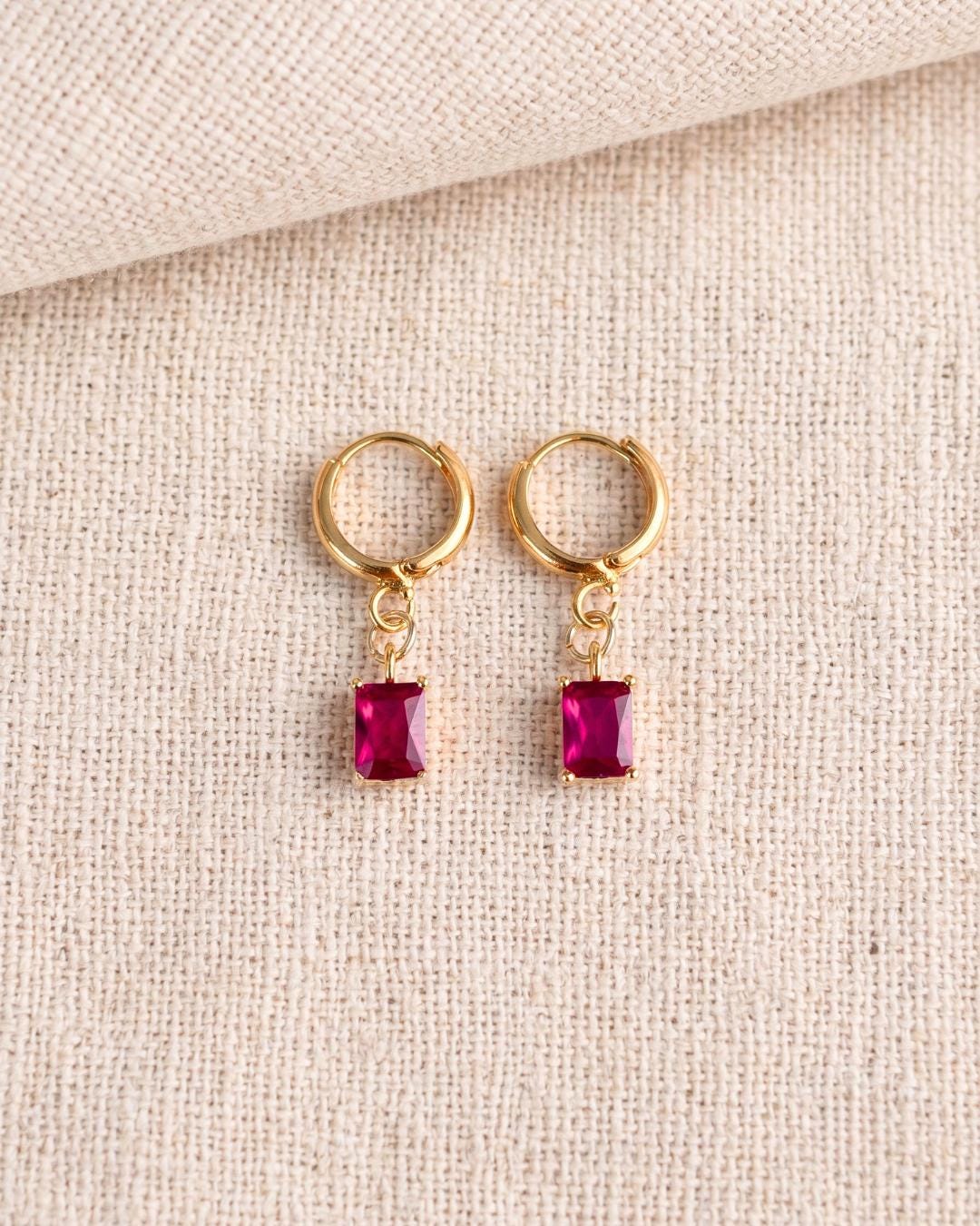 Red Stone Gold Huggie Earrings — image 3