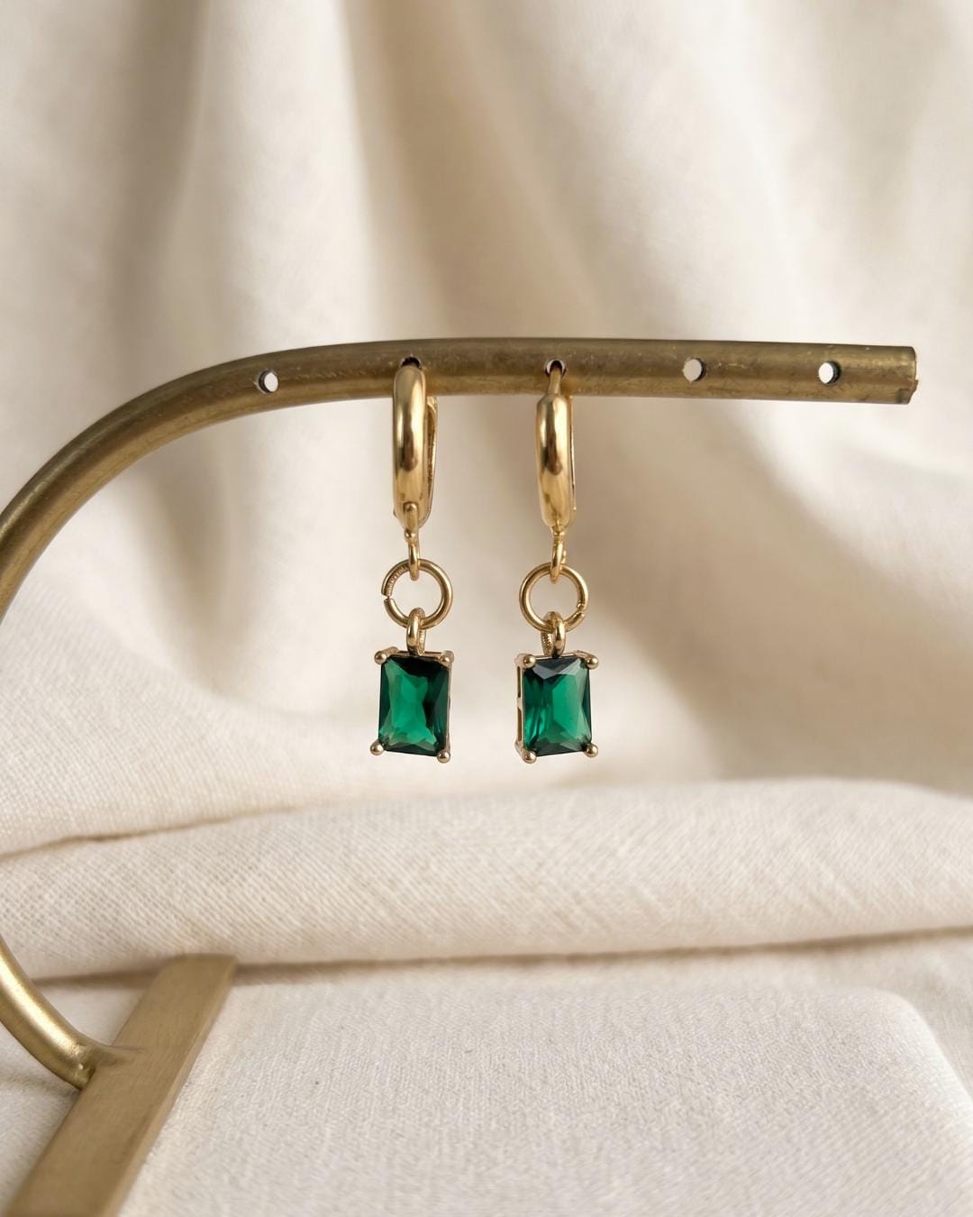 Green Stone Gold Huggie Earrings — image 3