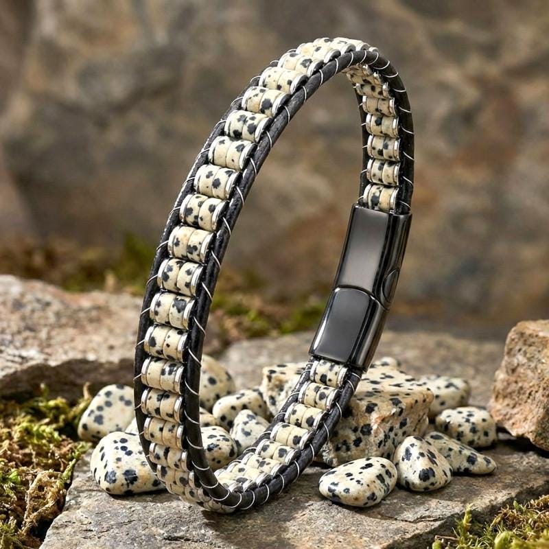 Dalmatian Jasper & Hematite Leather Bracelet — image 5