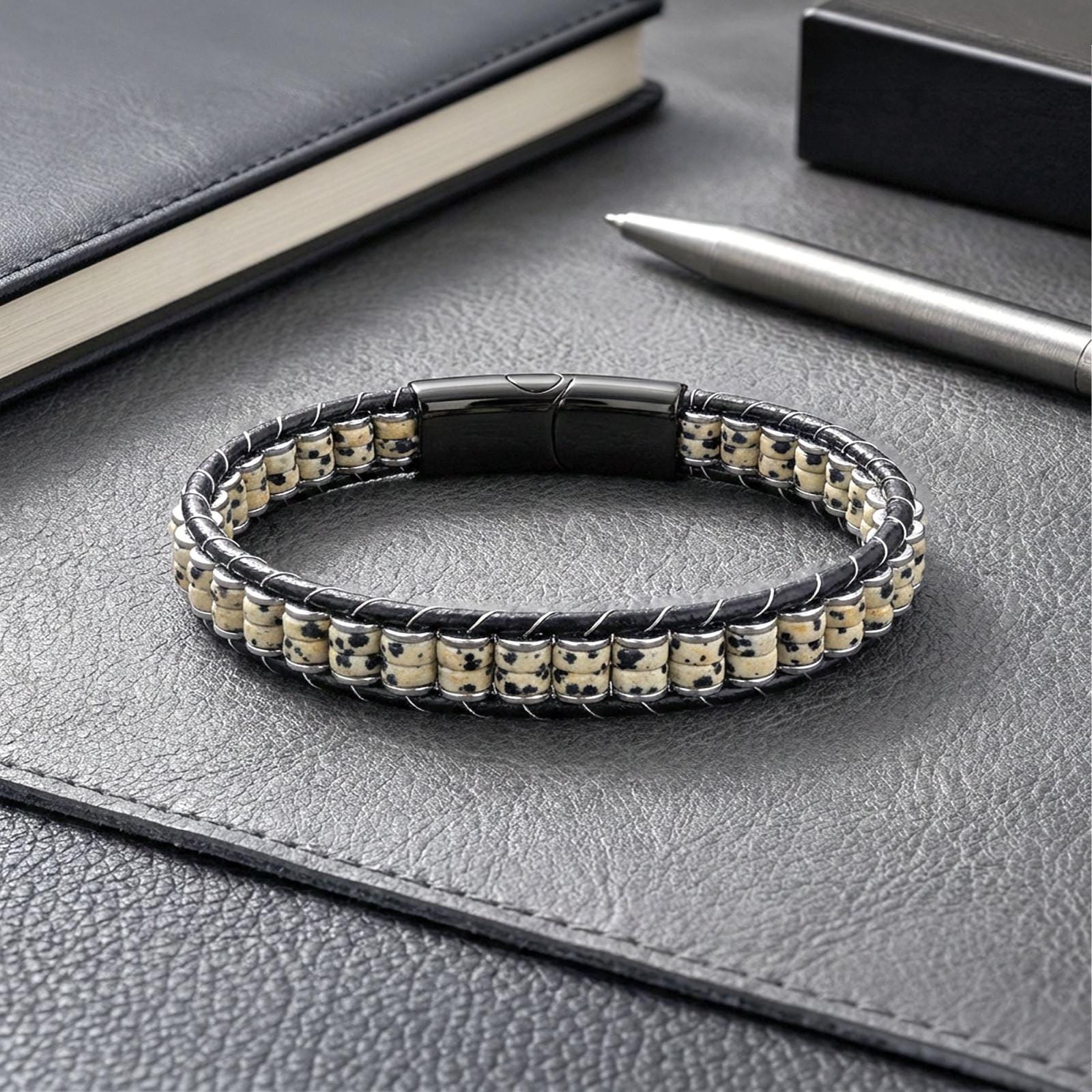 Dalmatian Jasper & Hematite Leather Bracelet — image 4