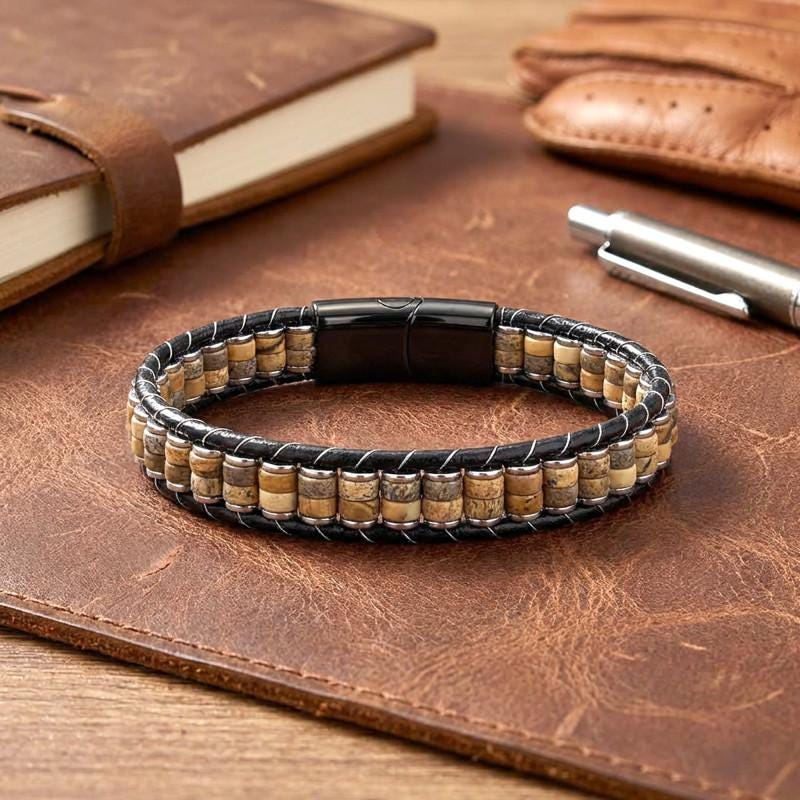 Wood Jasper Beaded Leather Bracelet — image 6