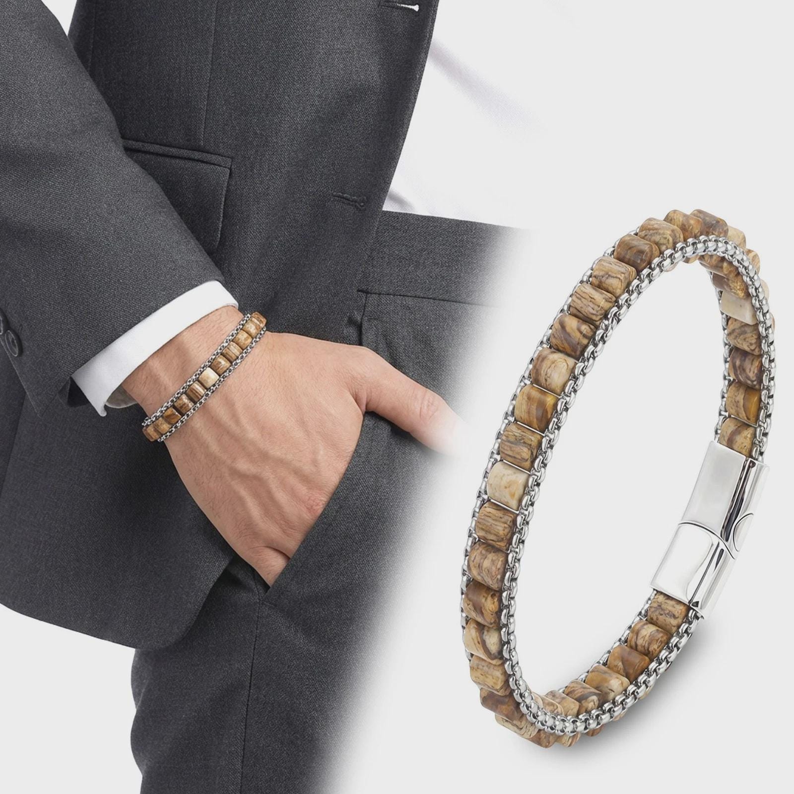 Petrified Wood & Hematite Leather Bracelet — image 3