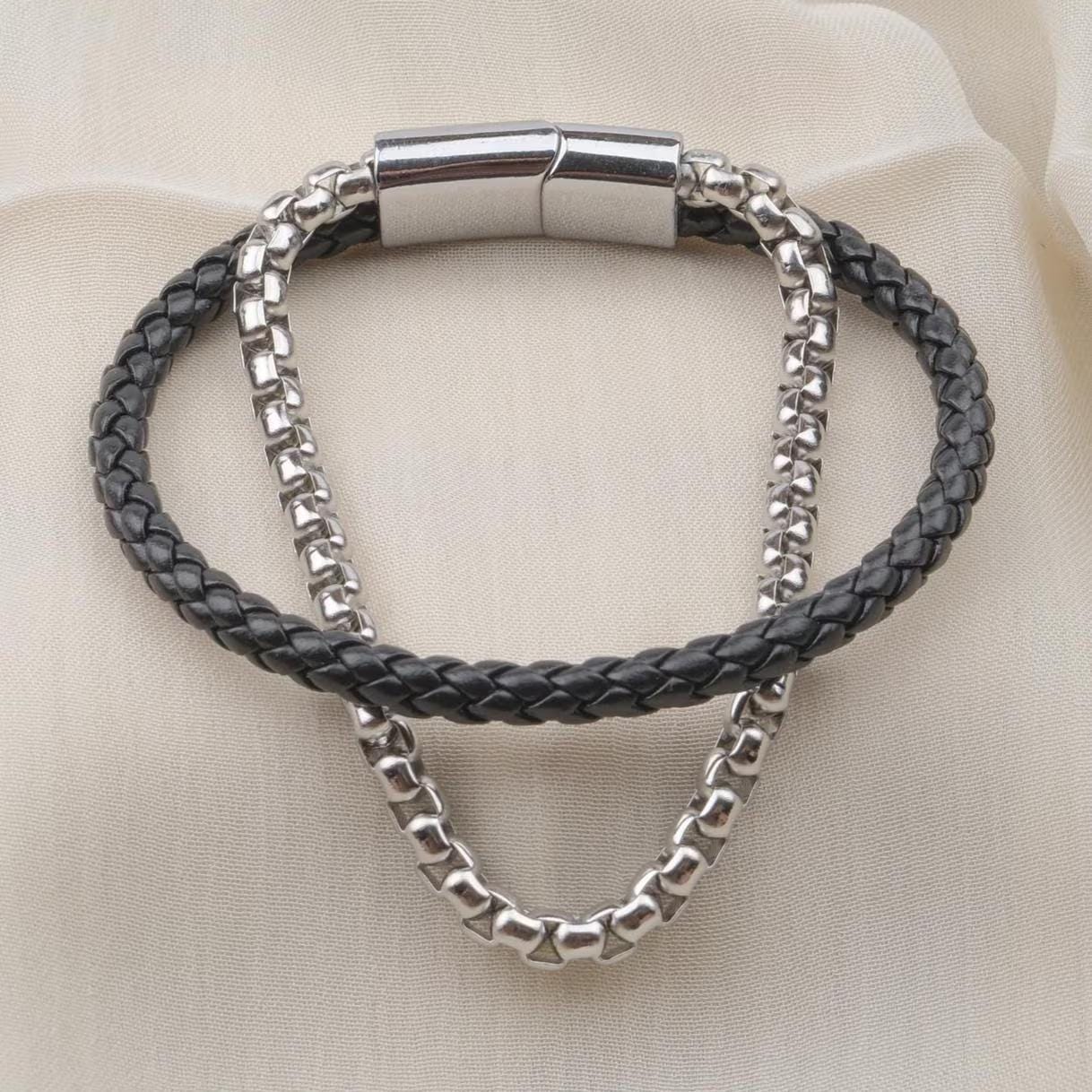 Silver Chain & Braided Leather Bracelet — image 3