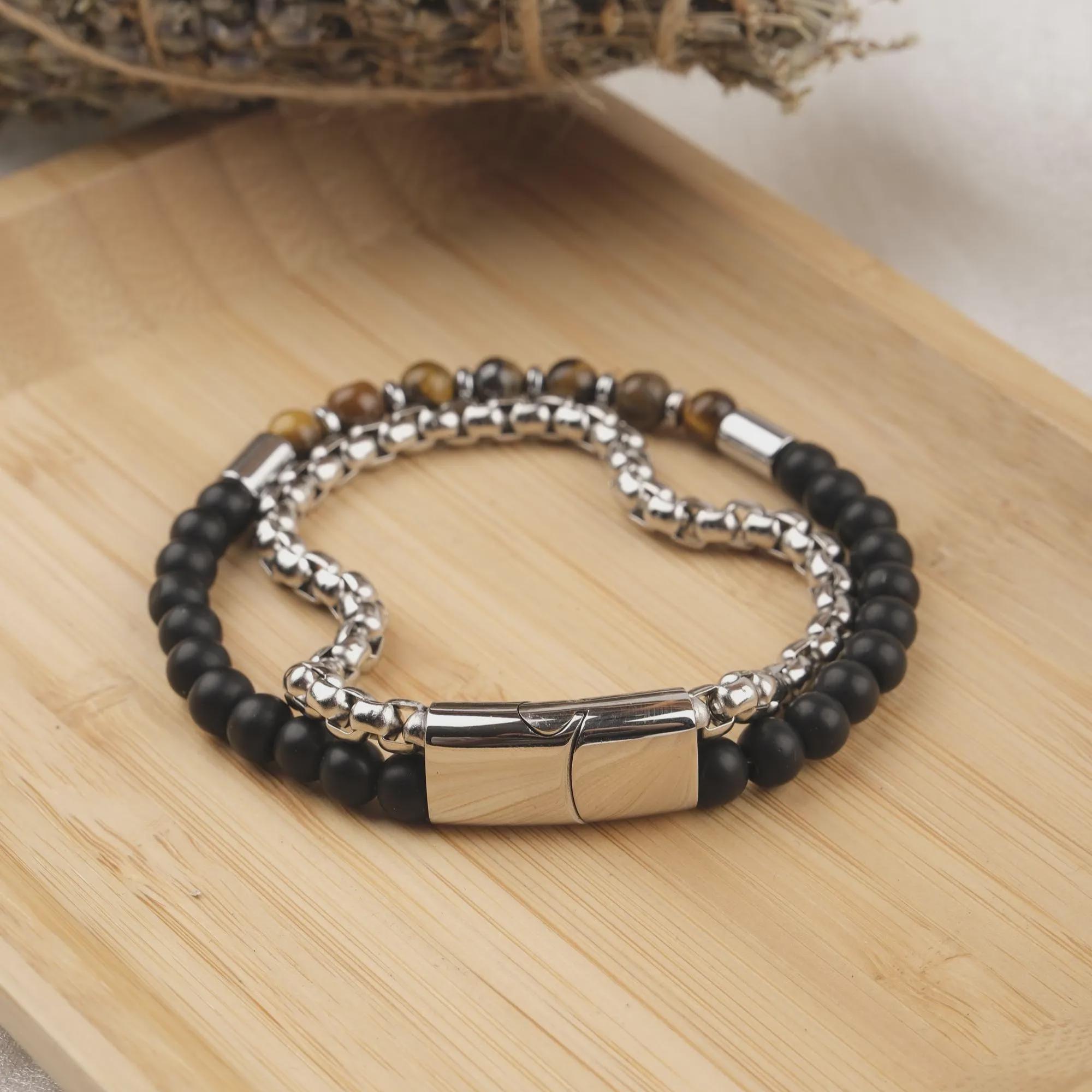 Tiger Eye & Onyx Silver Chain Bracelet — image 3