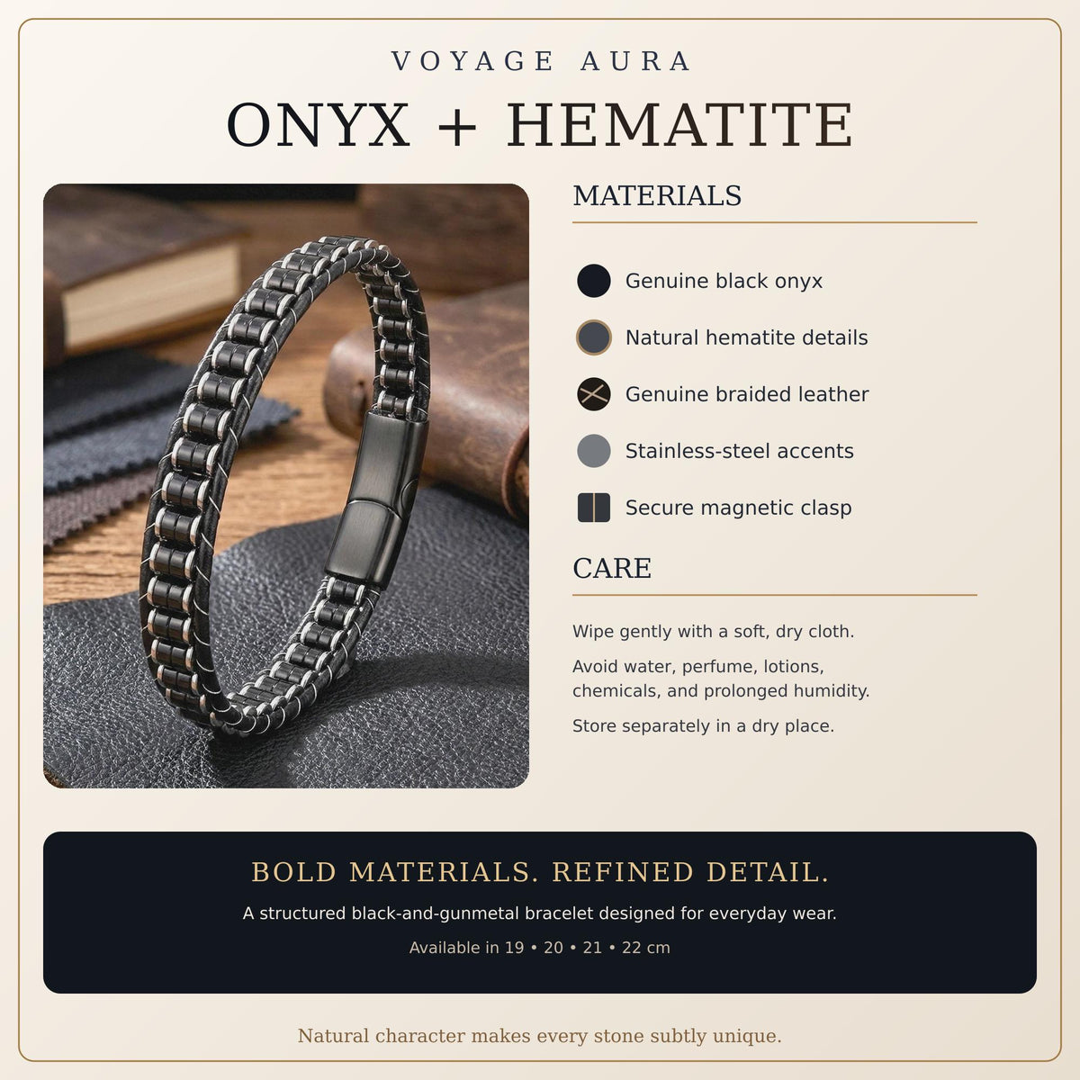 Black Onyx & Hematite Leather Bracelet — image 2