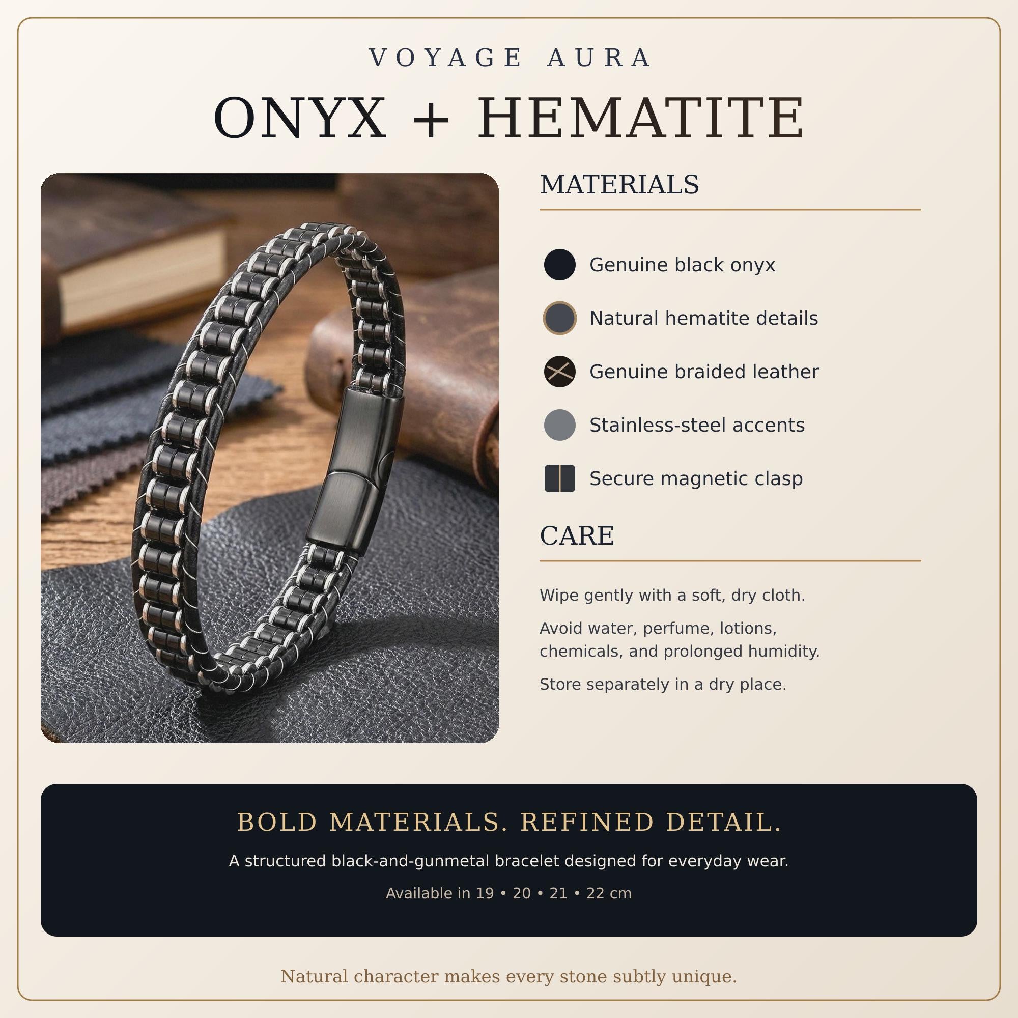Black Onyx & Hematite Leather Bracelet — image 2