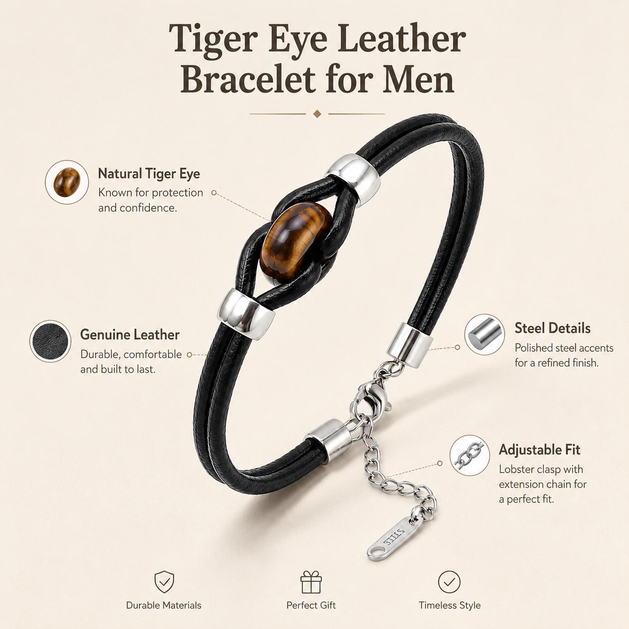 Tiger Eye or Obsidian Leather Bracelet — image 5