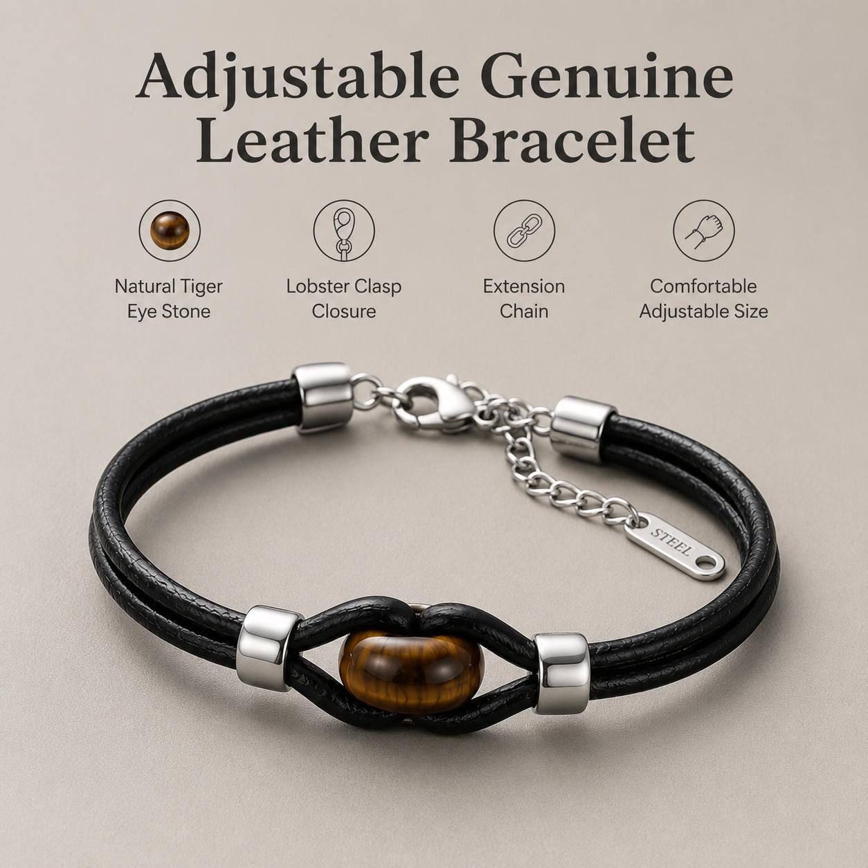 Tiger Eye or Obsidian Leather Bracelet — image 7