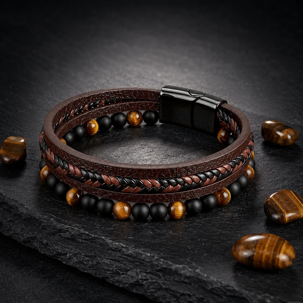 Tiger Eye & Onyx Leather Bracelet — image 4