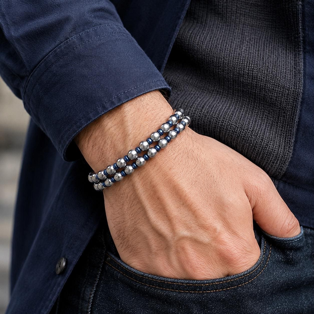 Double-Strand Hematite Bracelet – Blue Accents — image 1