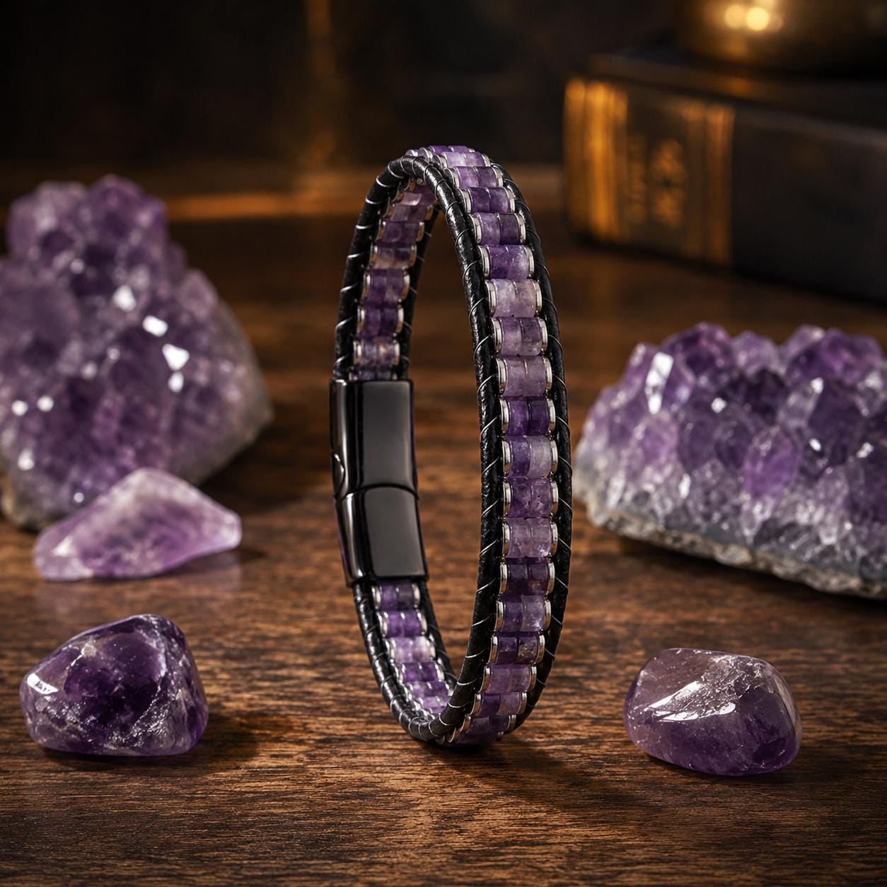 Amethyst Leather Bracelet – Purple Stone — image 9