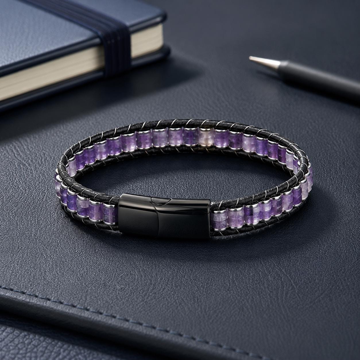 Amethyst Leather Bracelet – Purple Stone — image 5