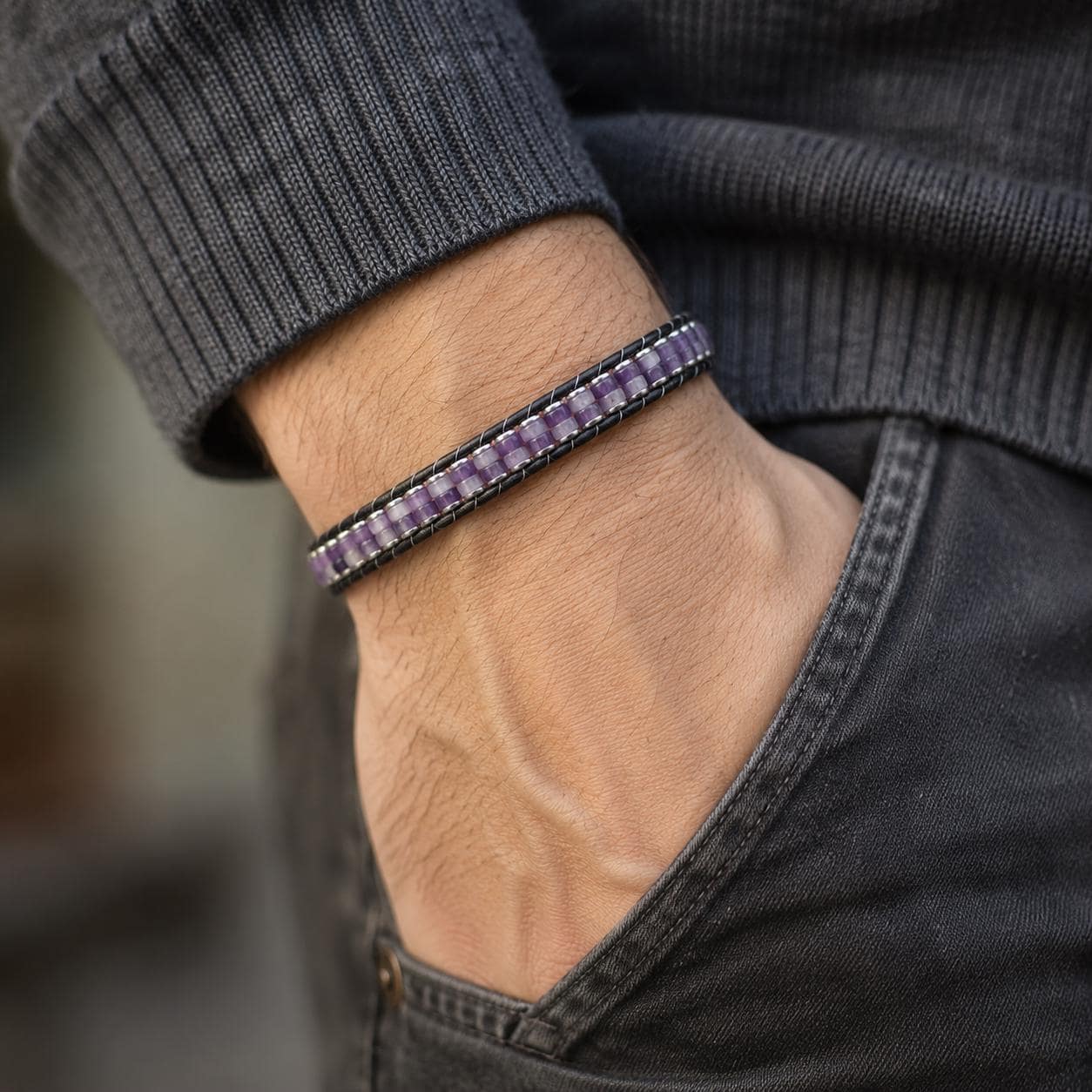 Amethyst Leather Bracelet – Purple Stone — image 2