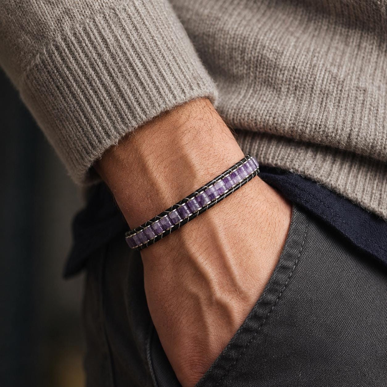 Amethyst Leather Bracelet – Purple Stone — image 6