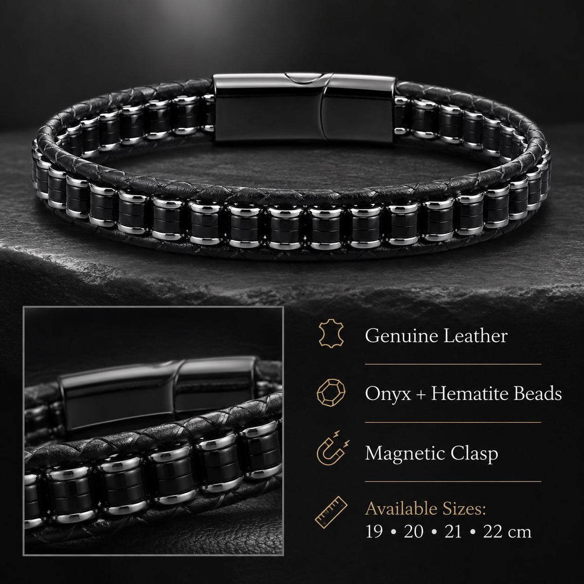 Onyx & Hematite Cord Bracelet for Men — image 2