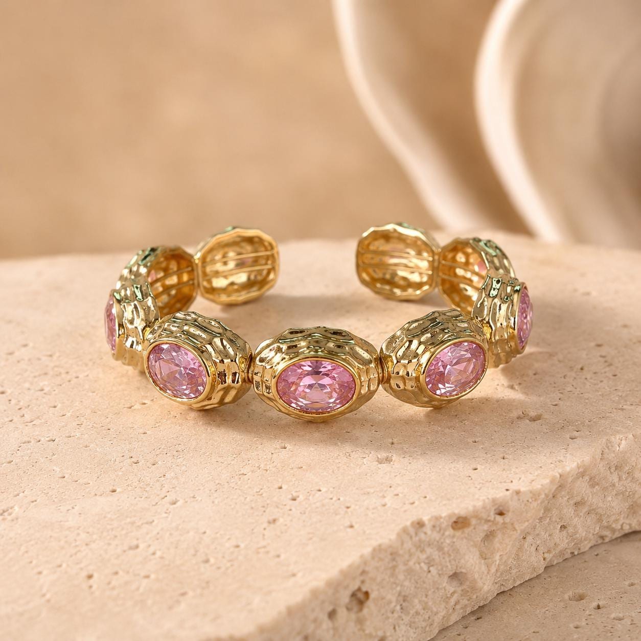 Pink Stone Gold Cuff Bracelet – Vintage Style — image 9