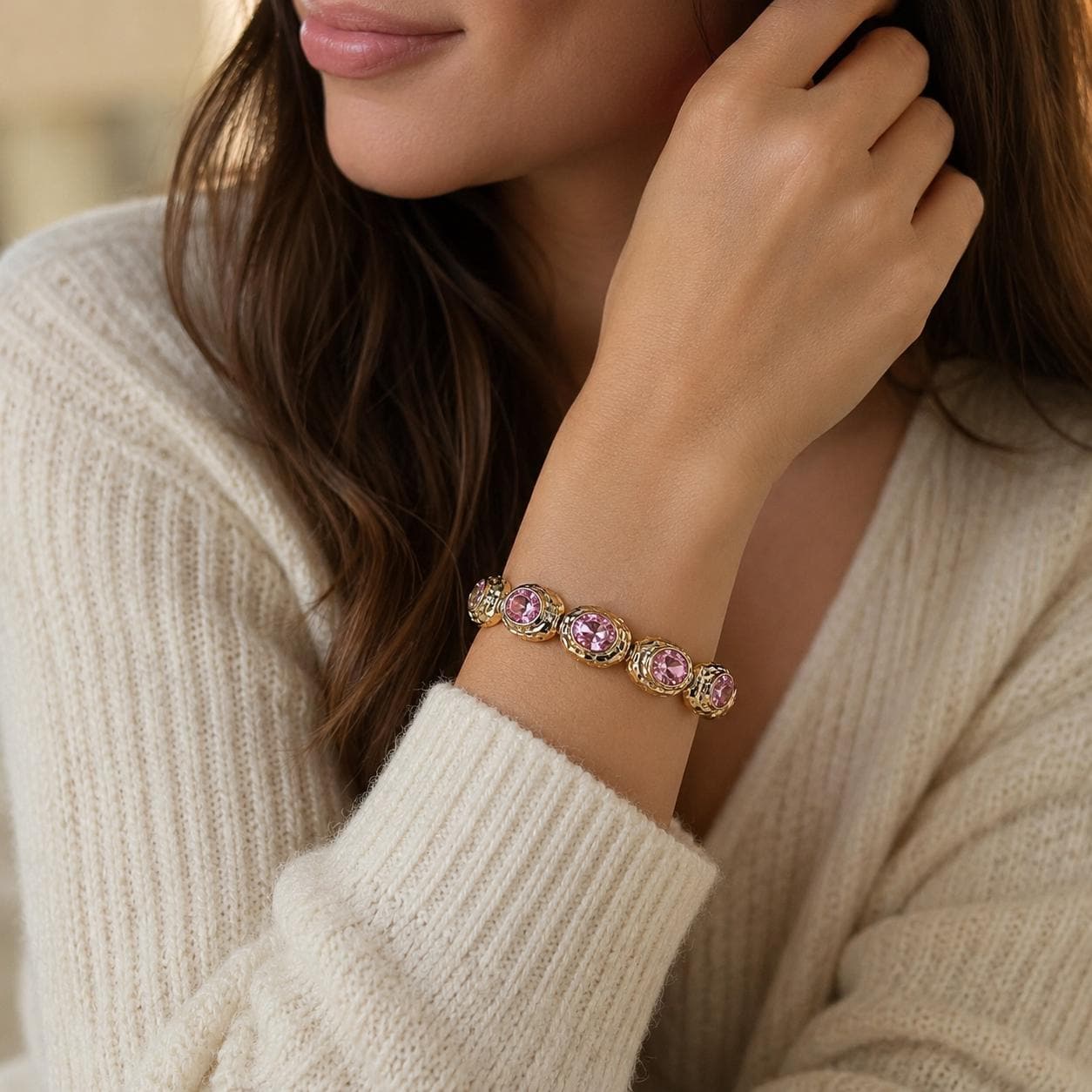 Pink Stone Gold Cuff Bracelet – Vintage Style — image 4